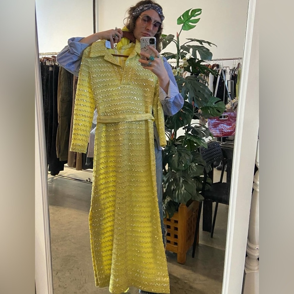 SOLD Vintage 1960s Yellow Sequin Knit Dress with Belt and Scarf - Picture 11 of 11